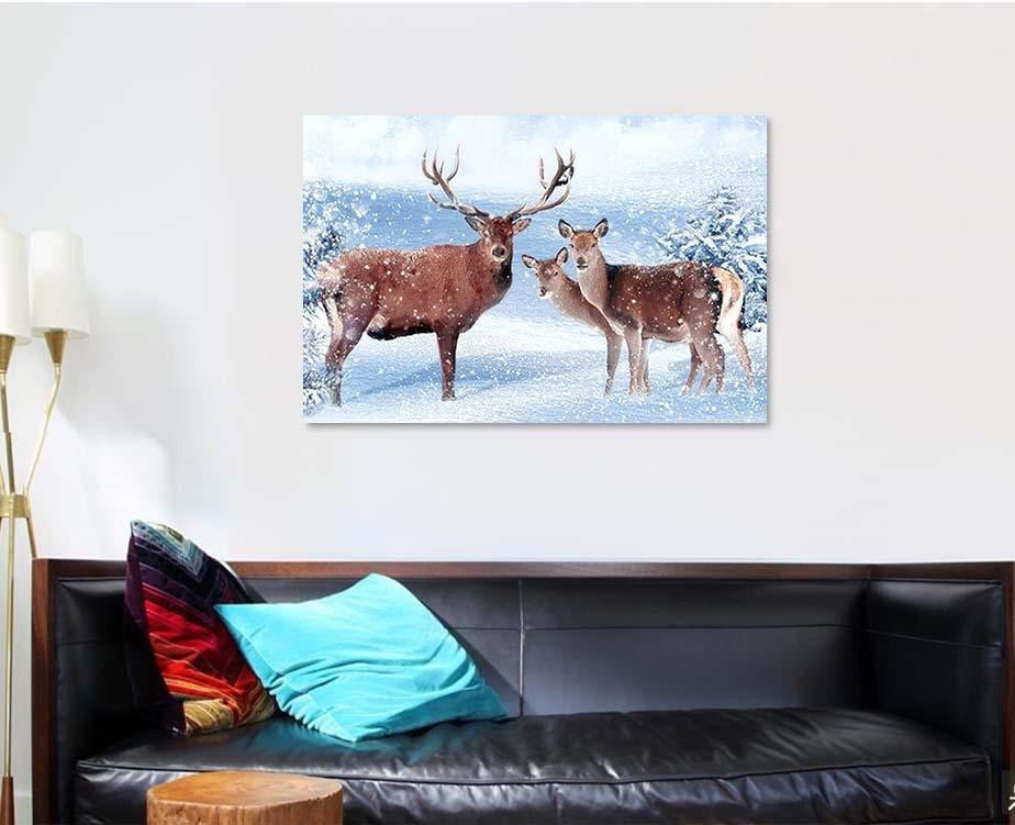 Family Noble Deer Snowy Winter Forest 3 Deer Animals Premium Multi Canvas Prints, Multi Piece Panel Canvas Luxury Gallery Wall Fine Art Print