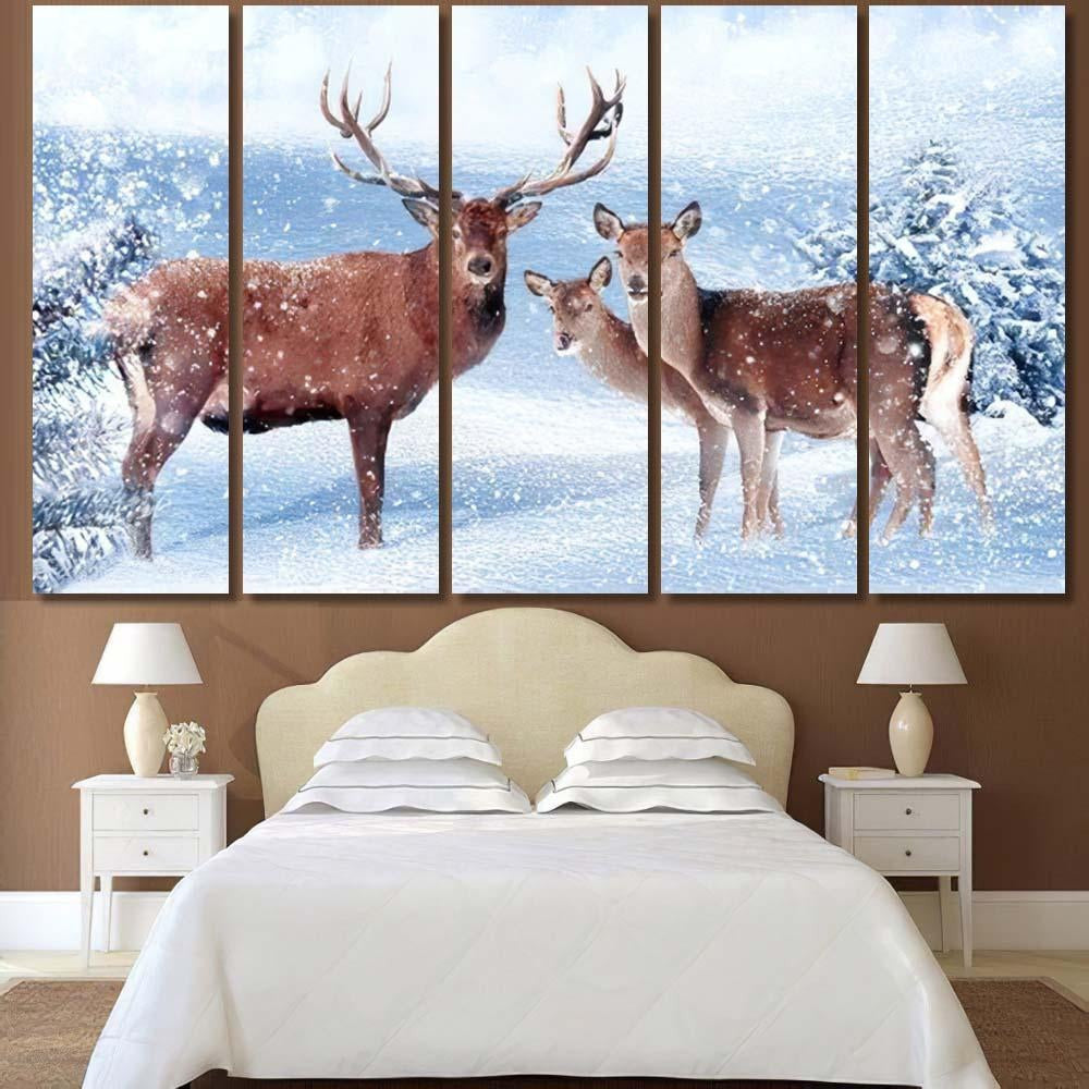 Family Noble Deer Snowy Winter Forest 3 Deer Animals Premium Multi Canvas Prints, Multi Piece Panel Canvas Luxury Gallery Wall Fine Art Print