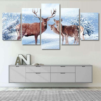 Family Noble Deer Snowy Winter Forest 3 Deer Animals Premium Multi Canvas Prints, Multi Piece Panel Canvas Luxury Gallery Wall Fine Art Print