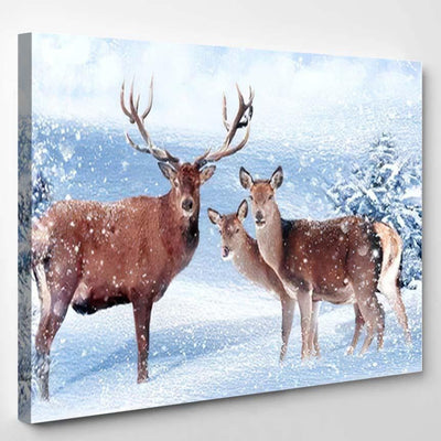 Family Noble Deer Snowy Winter Forest 3 Deer Animals Premium Multi Canvas Prints, Multi Piece Panel Canvas Luxury Gallery Wall Fine Art Print