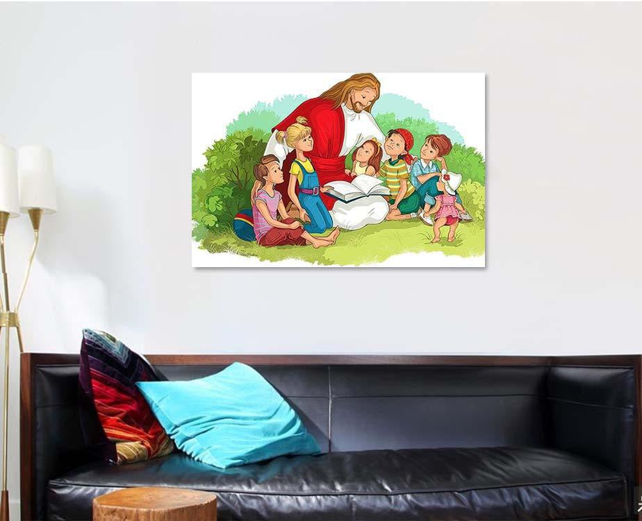 Jesus Reading Bible Children Isolated On Jesus Christian Premium Multi Canvas Prints, Multi Piece Panel Canvas Luxury Gallery Wall Fine Art Print