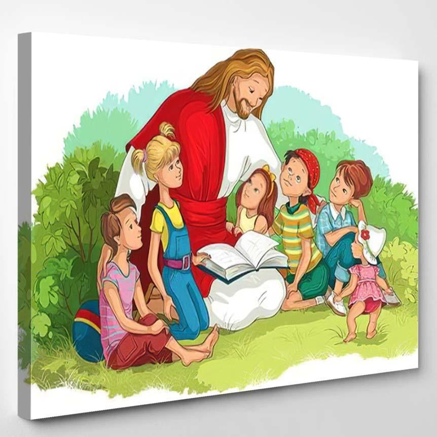 Jesus Reading Bible Children Isolated On Jesus Christian Premium Multi Canvas Prints, Multi Piece Panel Canvas Luxury Gallery Wall Fine Art Print