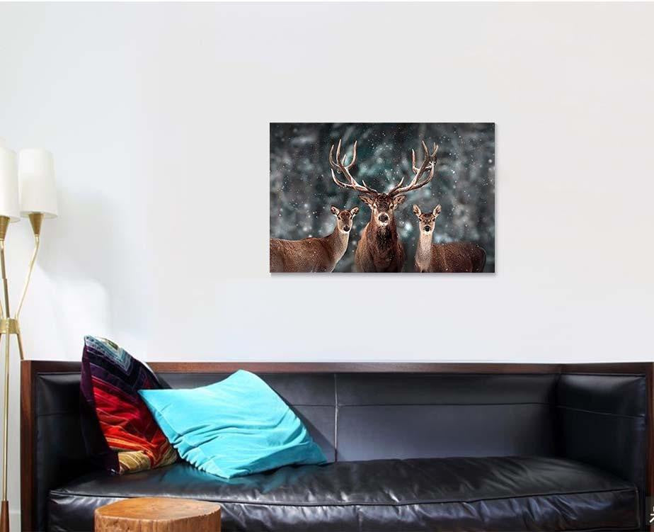 Noble Deer Family Winter Snow Forest Deer Animals Premium Multi Canvas Prints, Multi Piece Panel Canvas Luxury Gallery Wall Fine Art Print