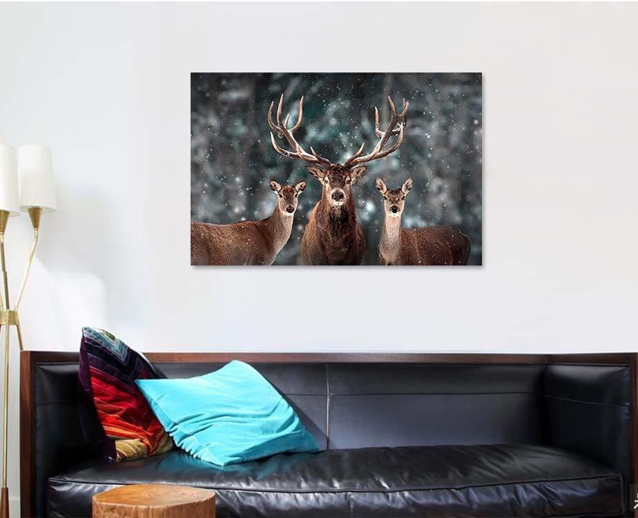 Noble Deer Family Winter Snow Forest Deer Animals Premium Multi Canvas Prints, Multi Piece Panel Canvas Luxury Gallery Wall Fine Art Print