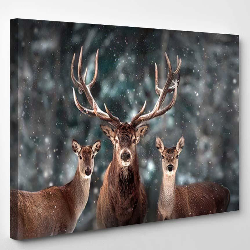 Noble Deer Family Winter Snow Forest Deer Animals Premium Multi Canvas Prints, Multi Piece Panel Canvas Luxury Gallery Wall Fine Art Print