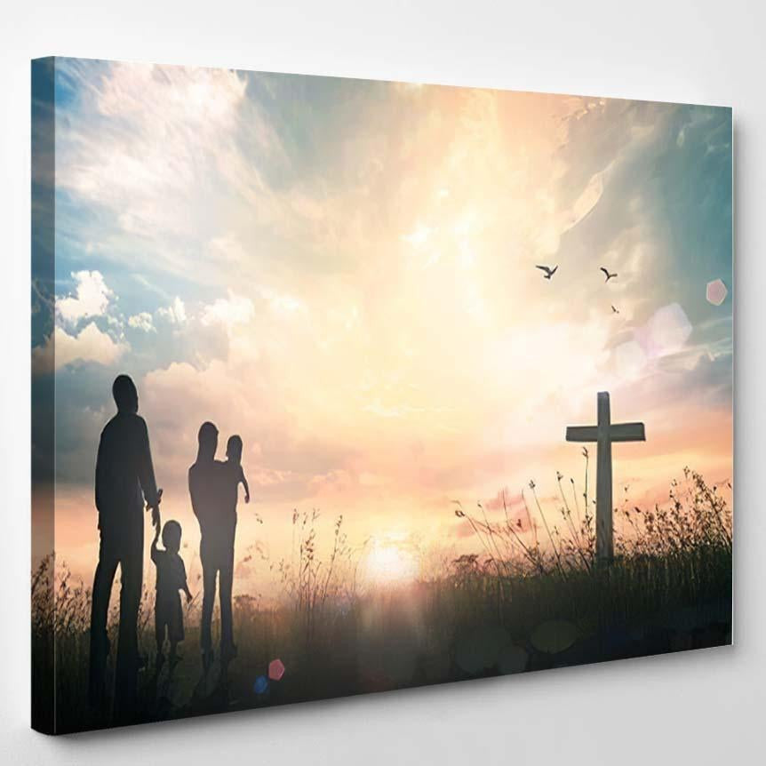 Family Worship Concept Silhouette People Looking Christian Premium Multi Canvas Prints, Multi Piece Panel Canvas Luxury Gallery Wall Fine Art Print