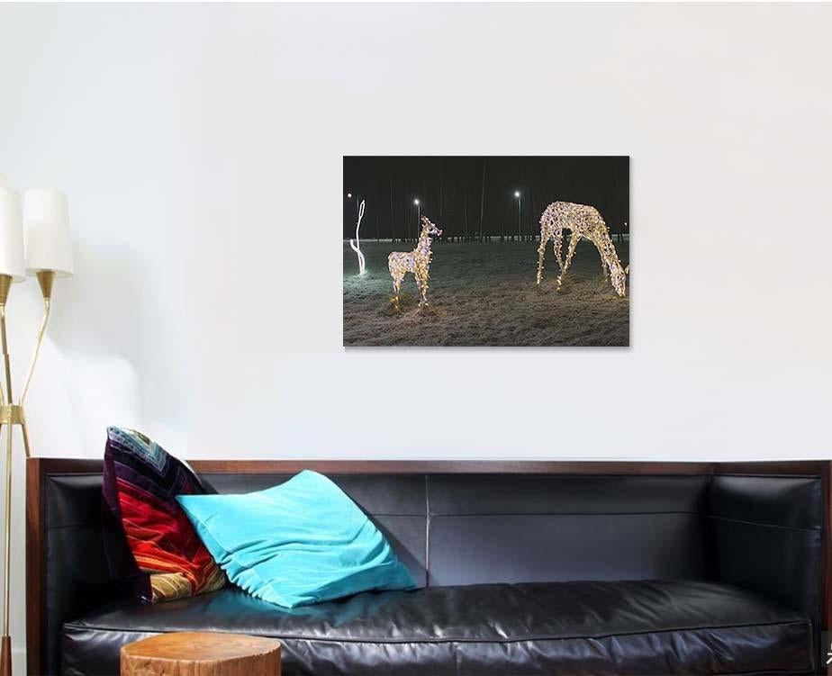 Christmas Illumination Deer Family Evening 1 Deer Animals Premium Multi Canvas Prints, Multi Piece Panel Canvas Luxury Gallery Wall Fine Art Print
