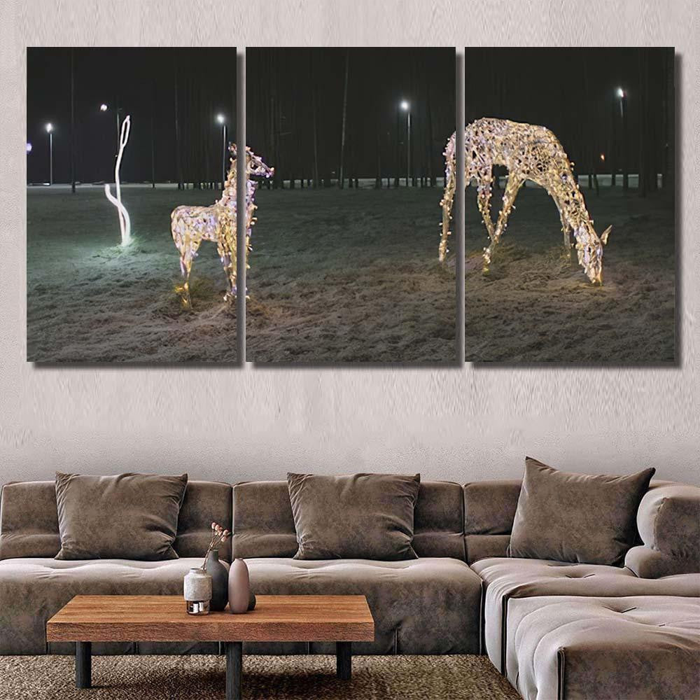Christmas Illumination Deer Family Evening 1 Deer Animals Premium Multi Canvas Prints, Multi Piece Panel Canvas Luxury Gallery Wall Fine Art Print