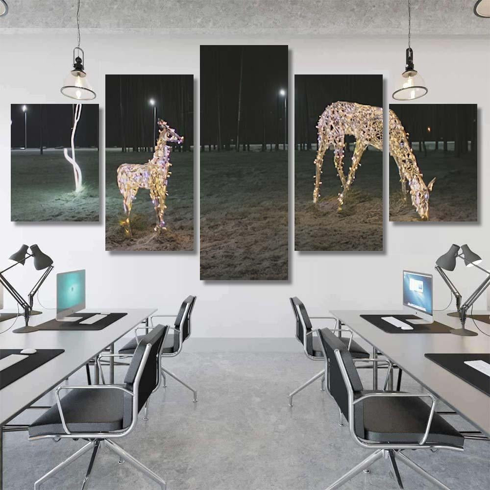 Christmas Illumination Deer Family Evening 1 Deer Animals Premium Multi Canvas Prints, Multi Piece Panel Canvas Luxury Gallery Wall Fine Art Print