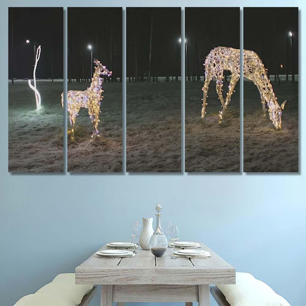 Christmas Illumination Deer Family Evening 1 Deer Animals Premium Multi Canvas Prints, Multi Piece Panel Canvas Luxury Gallery Wall Fine Art Print