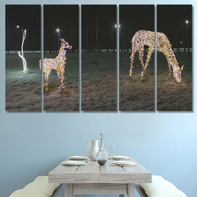 Christmas Illumination Deer Family Evening 1 Deer Animals Premium Multi Canvas Prints, Multi Piece Panel Canvas Luxury Gallery Wall Fine Art Print