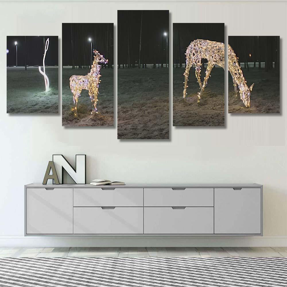 Christmas Illumination Deer Family Evening 1 Deer Animals Premium Multi Canvas Prints, Multi Piece Panel Canvas Luxury Gallery Wall Fine Art Print