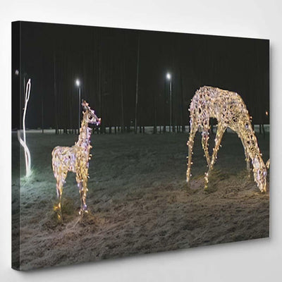 Christmas Illumination Deer Family Evening 1 Deer Animals Premium Multi Canvas Prints, Multi Piece Panel Canvas Luxury Gallery Wall Fine Art Print