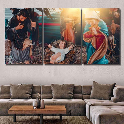 Statue Mary Joseph Jesus Birthday Baby Jesus Christian Premium Multi Canvas Prints, Multi Piece Panel Canvas Luxury Gallery Wall Fine Art Print