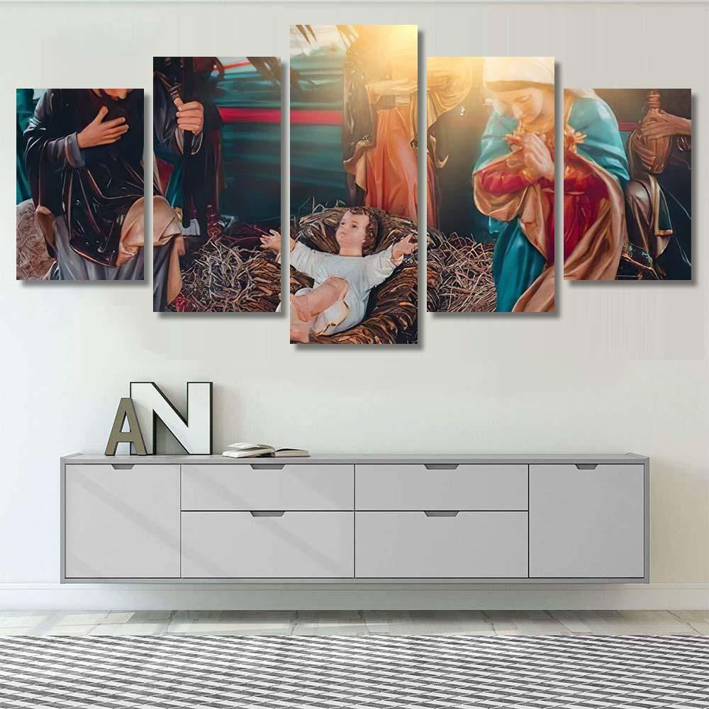 Statue Mary Joseph Jesus Birthday Baby Jesus Christian Premium Multi Canvas Prints, Multi Piece Panel Canvas Luxury Gallery Wall Fine Art Print