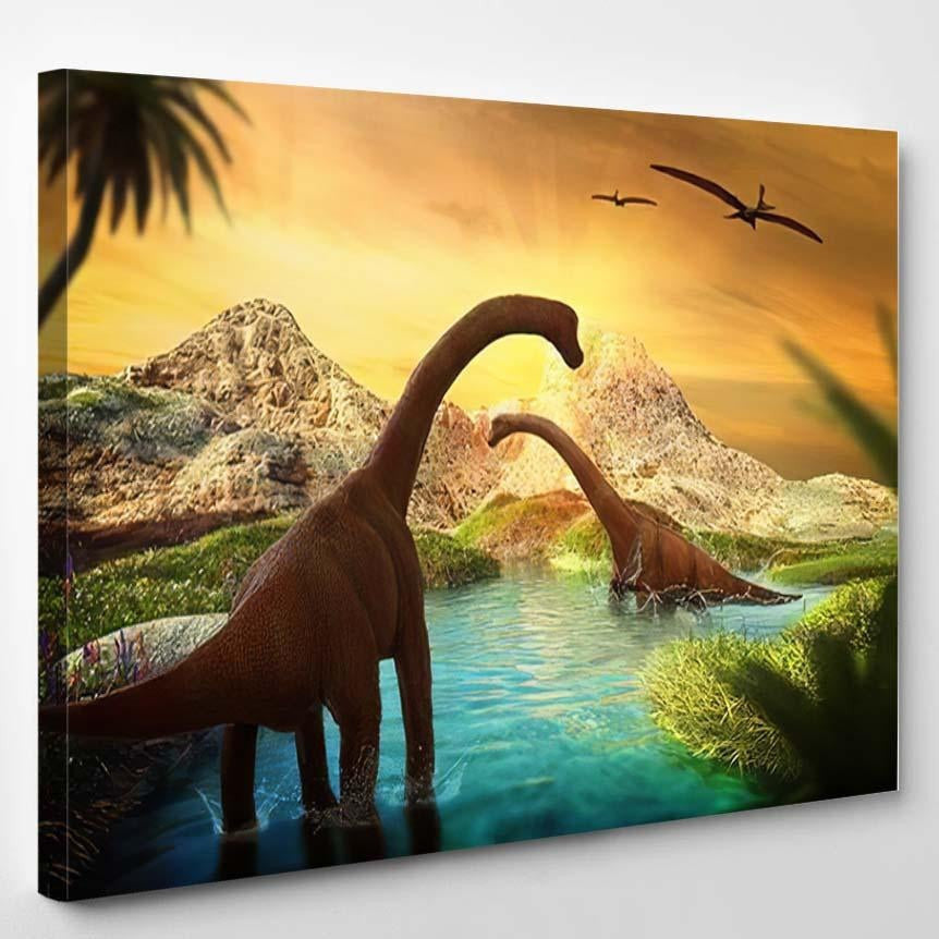 3D Fantasy Landscape Dinosaur Rendered Mountains Dinosaur Animals Premium Multi Canvas Prints, Multi Piece Panel Canvas Luxury Gallery Wall Fine Art Print