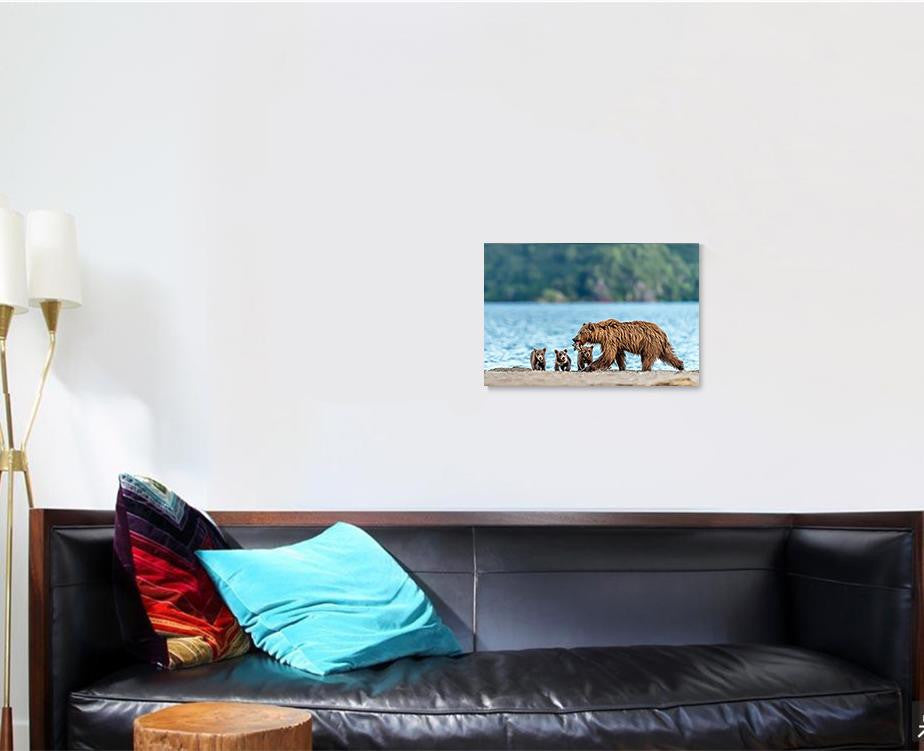 Mother Bear Fishing Her Puppies Kamchatka Bear Animals Luxury Multi Canvas Prints, Multi Piece Panel Canvas Gallery Art Print Print