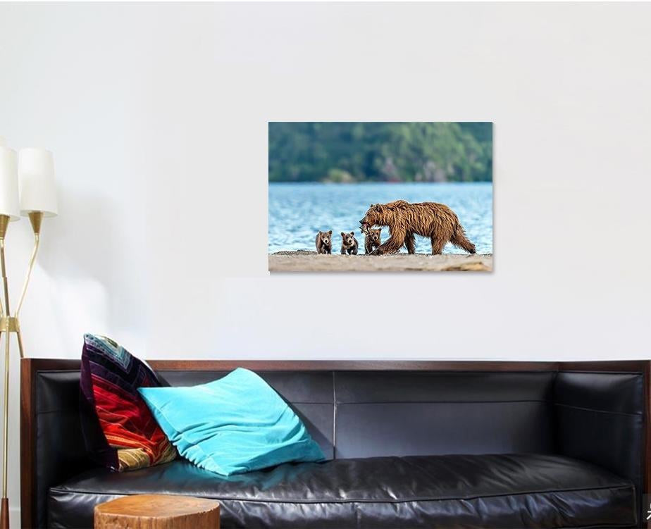 Mother Bear Fishing Her Puppies Kamchatka Bear Animals Luxury Multi Canvas Prints, Multi Piece Panel Canvas Gallery Art Print Print