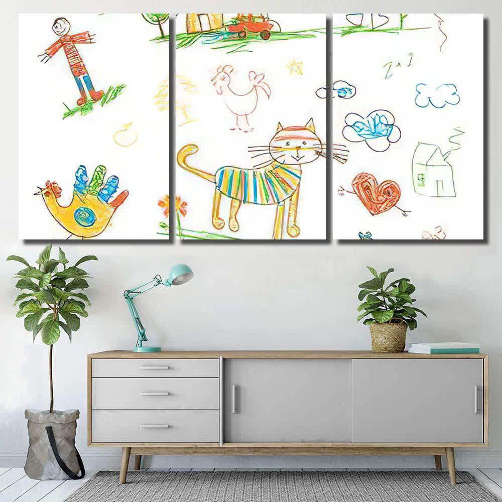 Handdrawn Kids Doodle Set Funny Character Abstract Luxury Multi Canvas Prints, Multi Piece Panel Canvas Gallery Art Print Print