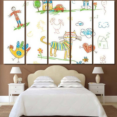 Handdrawn Kids Doodle Set Funny Character Abstract Luxury Multi Canvas Prints, Multi Piece Panel Canvas Gallery Art Print Print