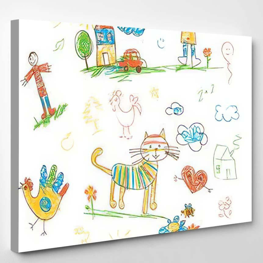 Handdrawn Kids Doodle Set Funny Character Abstract Luxury Multi Canvas Prints, Multi Piece Panel Canvas Gallery Art Print Print