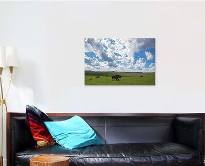 Green Field Bison Herds Cloudy Blue Bison Animals Luxury Multi Canvas Prints, Multi Piece Panel Canvas Gallery Art Print Print