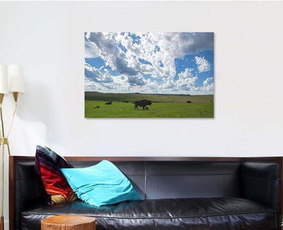 Green Field Bison Herds Cloudy Blue Bison Animals Luxury Multi Canvas Prints, Multi Piece Panel Canvas Gallery Art Print Print