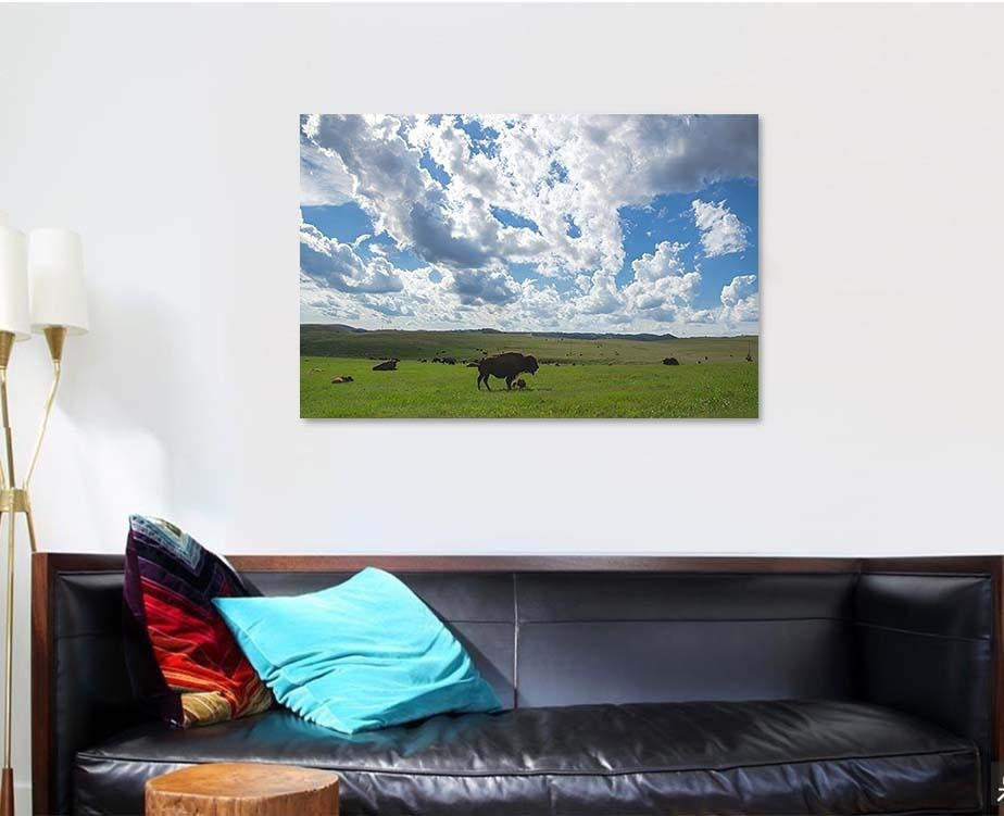 Green Field Bison Herds Cloudy Blue Bison Animals Luxury Multi Canvas Prints, Multi Piece Panel Canvas Gallery Art Print Print