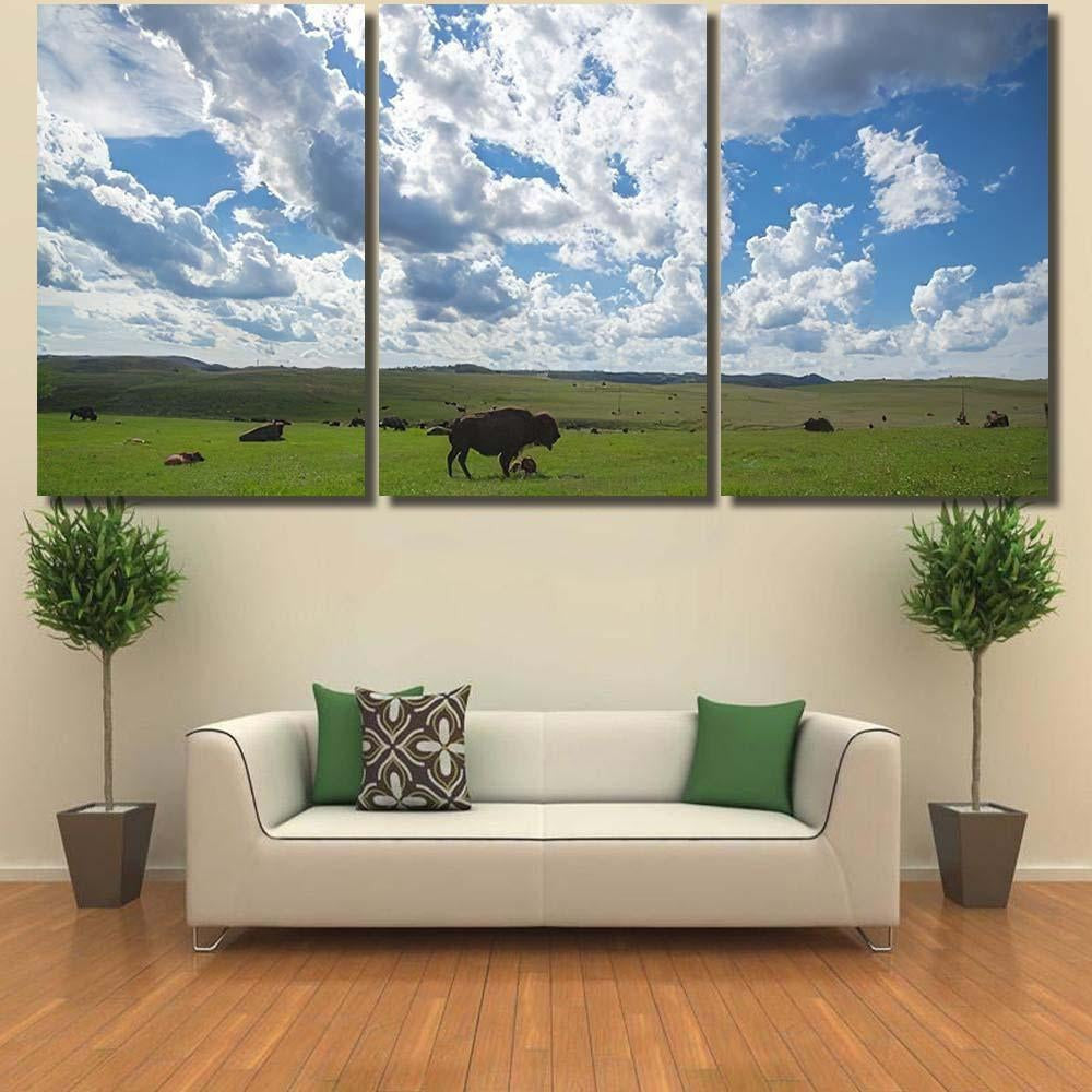 Green Field Bison Herds Cloudy Blue Bison Animals Luxury Multi Canvas Prints, Multi Piece Panel Canvas Gallery Art Print Print
