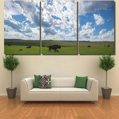 Green Field Bison Herds Cloudy Blue Bison Animals Luxury Multi Canvas Prints, Multi Piece Panel Canvas Gallery Art Print Print