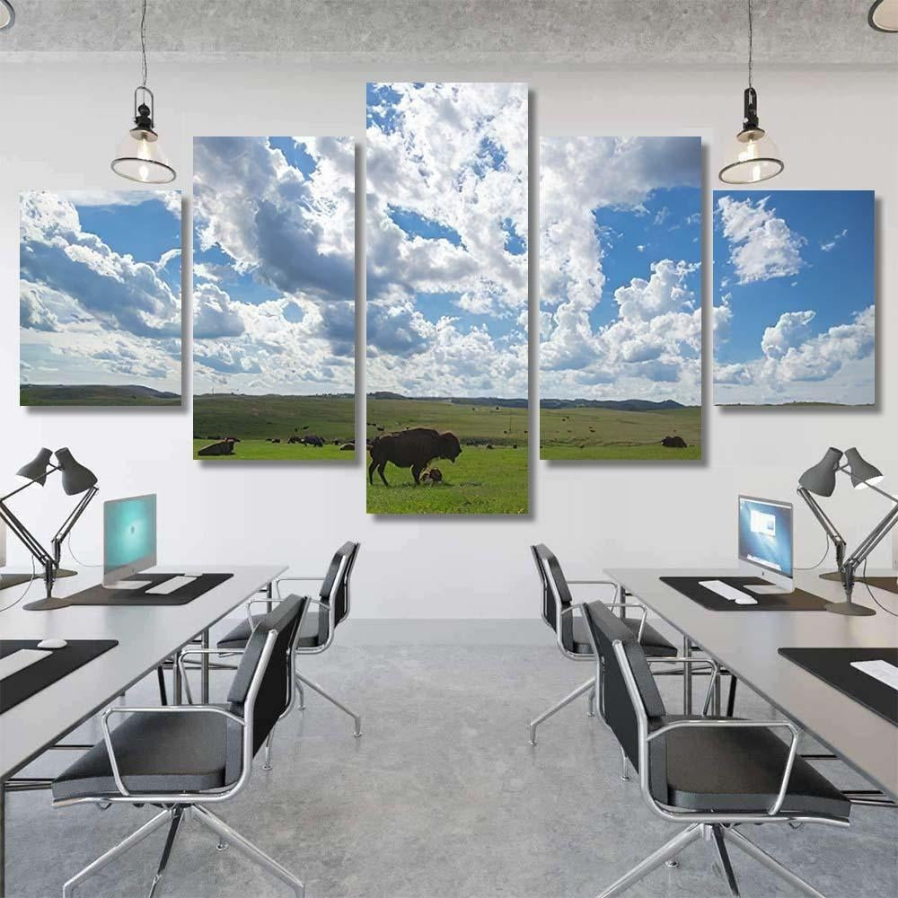 Green Field Bison Herds Cloudy Blue Bison Animals Luxury Multi Canvas Prints, Multi Piece Panel Canvas Gallery Art Print Print