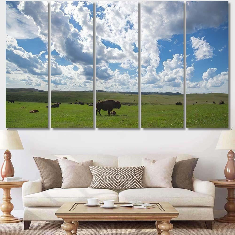 Green Field Bison Herds Cloudy Blue Bison Animals Luxury Multi Canvas Prints, Multi Piece Panel Canvas Gallery Art Print Print