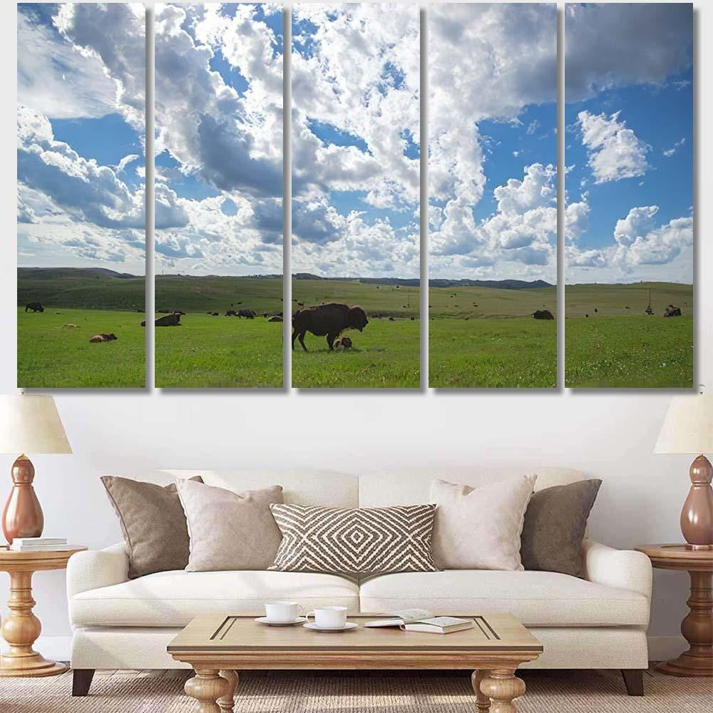 Green Field Bison Herds Cloudy Blue Bison Animals Luxury Multi Canvas Prints, Multi Piece Panel Canvas Gallery Art Print Print
