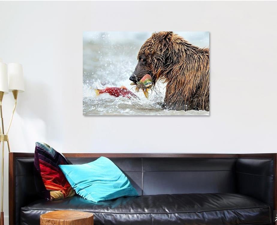 Bear Fishing Salmon Kamchatka Russia Kurile Bear Animals Luxury Multi Canvas Prints, Multi Piece Panel Canvas Gallery Art Print Print