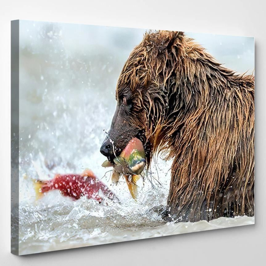 Bear Fishing Salmon Kamchatka Russia Kurile Bear Animals Luxury Multi Canvas Prints, Multi Piece Panel Canvas Gallery Art Print Print