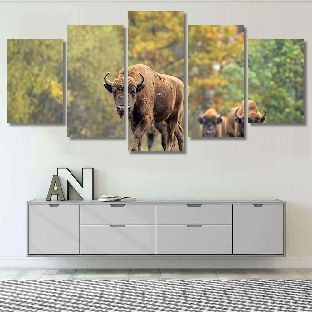 European Bisons Natural Habitat Bison Animals Luxury Multi Canvas Prints, Multi Piece Panel Canvas Gallery Art Print Print