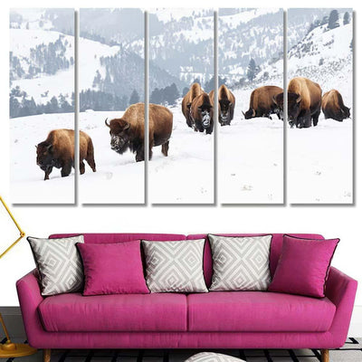 Yellowstone Bison Winter Snow 1 Bison Animals Luxury Multi Canvas Prints, Multi Piece Panel Canvas Gallery Art Print Print