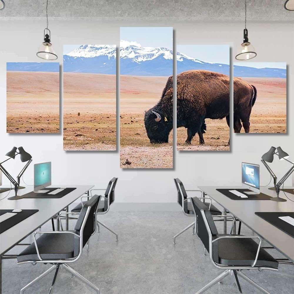 Single Bison Eating Grass On Field Bison Animals Luxury Multi Canvas Prints, Multi Piece Panel Canvas Gallery Art Print Print
