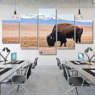 Single Bison Eating Grass On Field Bison Animals Luxury Multi Canvas Prints, Multi Piece Panel Canvas Gallery Art Print Print