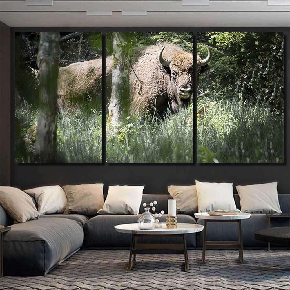 Bison Bulls Danish Nature Experiment Almindingen Bison Animals Luxury Multi Canvas Prints, Multi Piece Panel Canvas Gallery Art Print Print