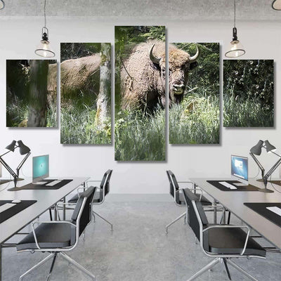 Bison Bulls Danish Nature Experiment Almindingen Bison Animals Luxury Multi Canvas Prints, Multi Piece Panel Canvas Gallery Art Print Print