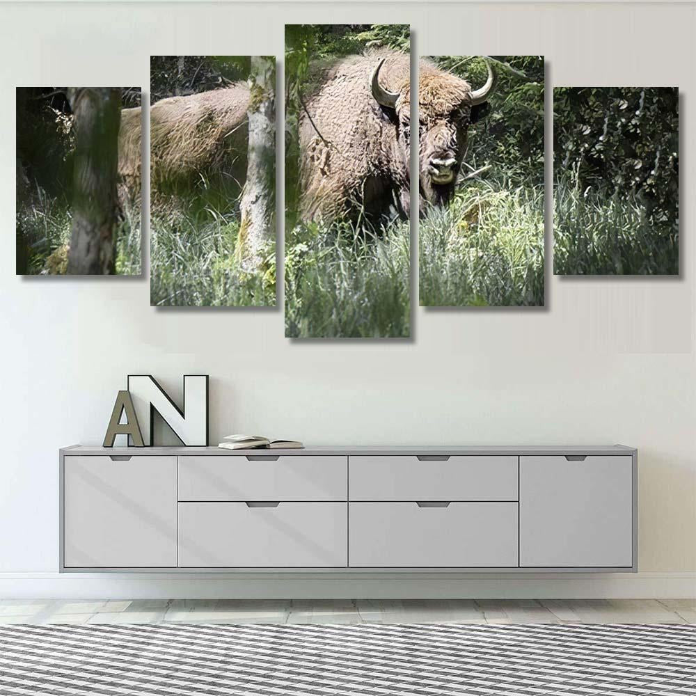 Bison Bulls Danish Nature Experiment Almindingen Bison Animals Luxury Multi Canvas Prints, Multi Piece Panel Canvas Gallery Art Print Print