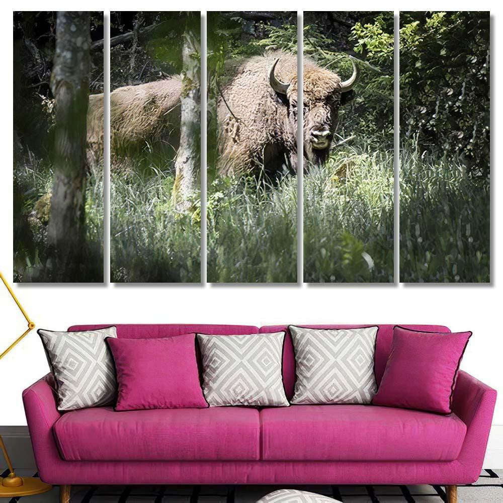 Bison Bulls Danish Nature Experiment Almindingen Bison Animals Luxury Multi Canvas Prints, Multi Piece Panel Canvas Gallery Art Print Print