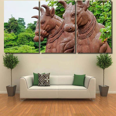 Ancient Statues 3 Bison Backdrop Leaves Bison Animals Luxury Multi Canvas Prints, Multi Piece Panel Canvas Gallery Art Print Print