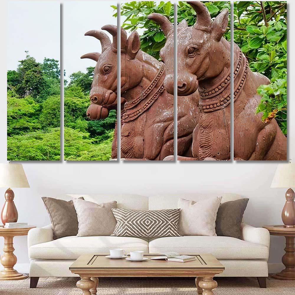Ancient Statues 3 Bison Backdrop Leaves Bison Animals Luxury Multi Canvas Prints, Multi Piece Panel Canvas Gallery Art Print Print