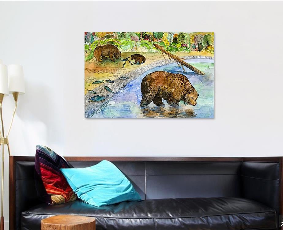 Drawing Bears On Fishing Bear Animals Luxury Multi Canvas Prints, Multi Piece Panel Canvas Gallery Art Print Print