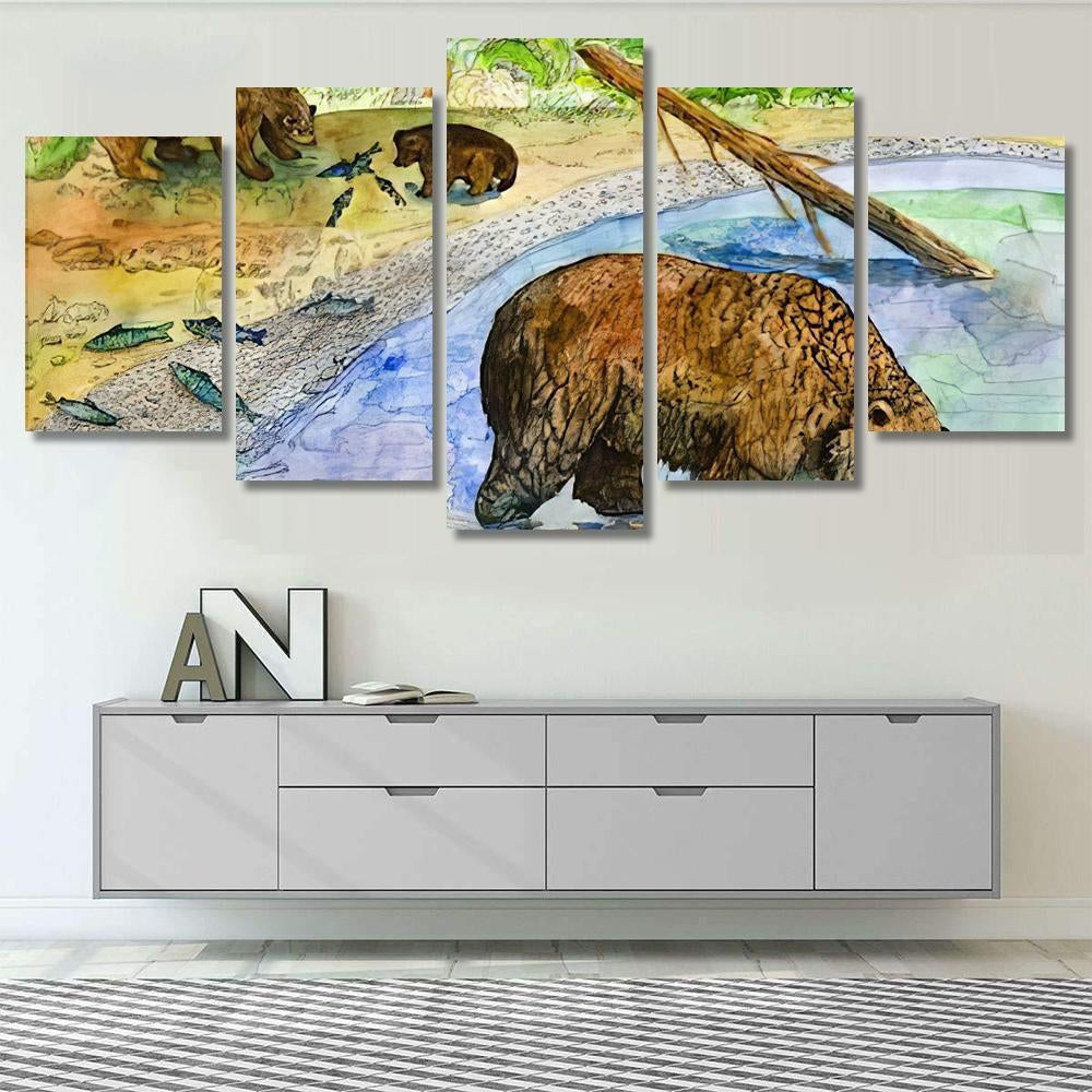 Drawing Bears On Fishing Bear Animals Luxury Multi Canvas Prints, Multi Piece Panel Canvas Gallery Art Print Print