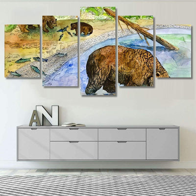 Drawing Bears On Fishing Bear Animals Luxury Multi Canvas Prints, Multi Piece Panel Canvas Gallery Art Print Print