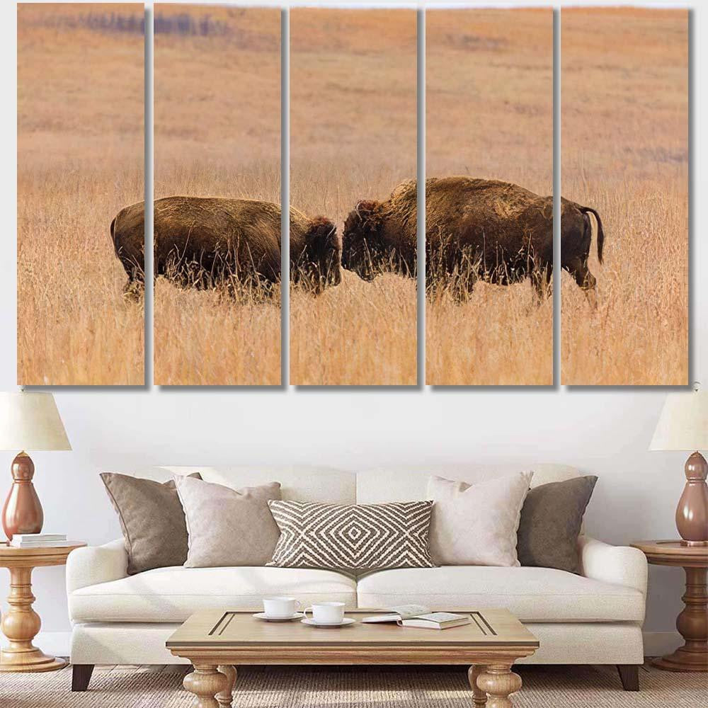 Two American Bison Face Each Other Bison Animals Luxury Multi Canvas Prints, Multi Piece Panel Canvas Gallery Art Print Print