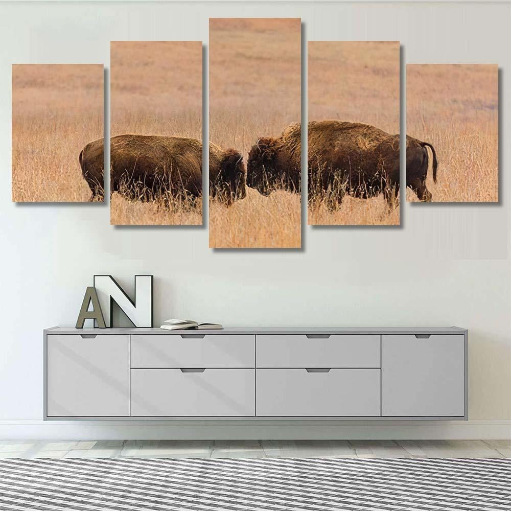 Two American Bison Face Each Other Bison Animals Luxury Multi Canvas Prints, Multi Piece Panel Canvas Gallery Art Print Print